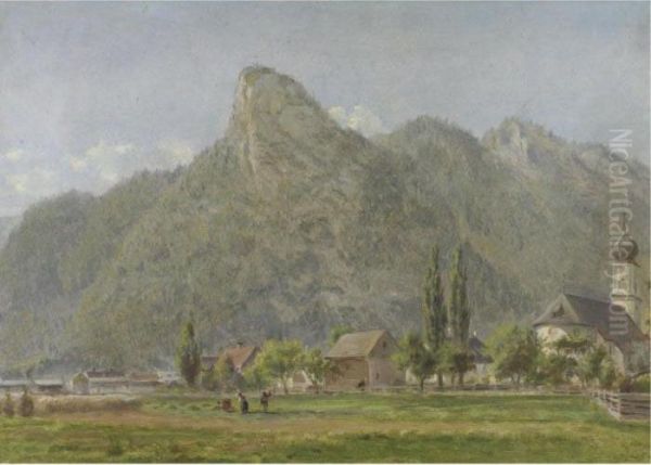 The Koeffel &amp; Church At Oberammergau, Bavarian Alps: A Sketch From Nature Oil Painting by Edward Lamson Henry