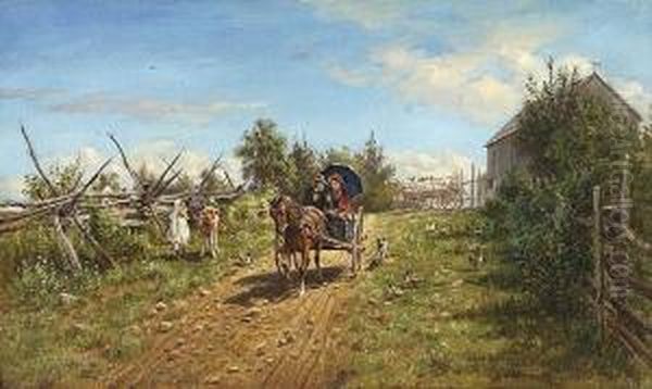 Horse-drawn Carriage With Man In
 A Hat And Woman In A Bonnet, With Chicken And Dogs On One Side Of The 
Path And A Girl And Calf On The Other. Oil Painting by Edward Lamson Henry