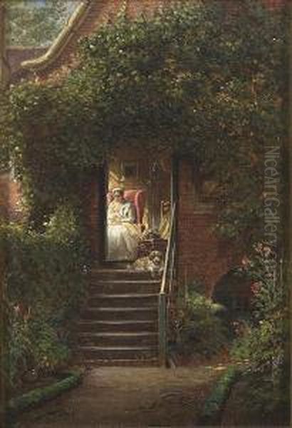 A Nursing Woman Insidehouse Viewed From The Outside Garden With A Dog Lying On The Steps Oil Painting by Edward Lamson Henry