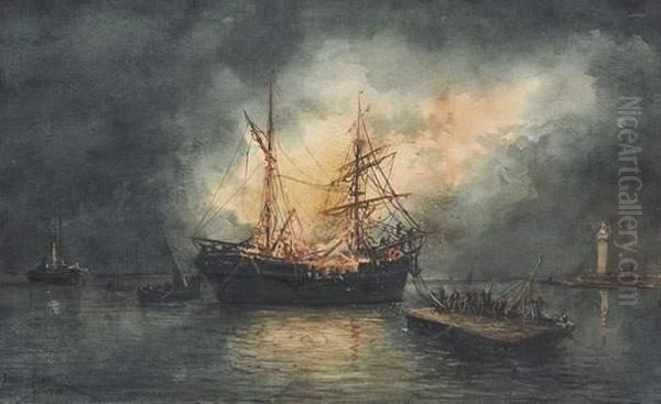 Navire En Feu A L'entree Du Port De Marseille Oil Painting by Emile Henry