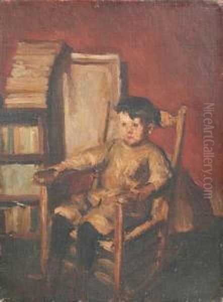 1859-): 
Seated Child Oil Painting by George Henry