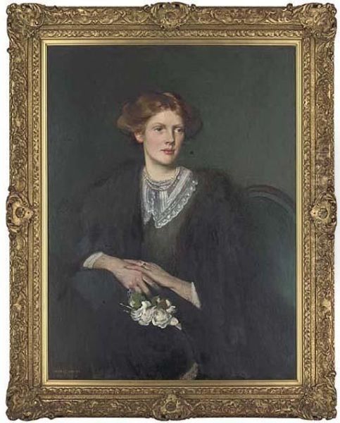 Portrait Of Audrey Innes, Nee 
Broadwood, Wife Of John Alfred Innes,seated Three-quarter-length, In A 
Lace Trimmed Dress And Furwrap Oil Painting by George Henry