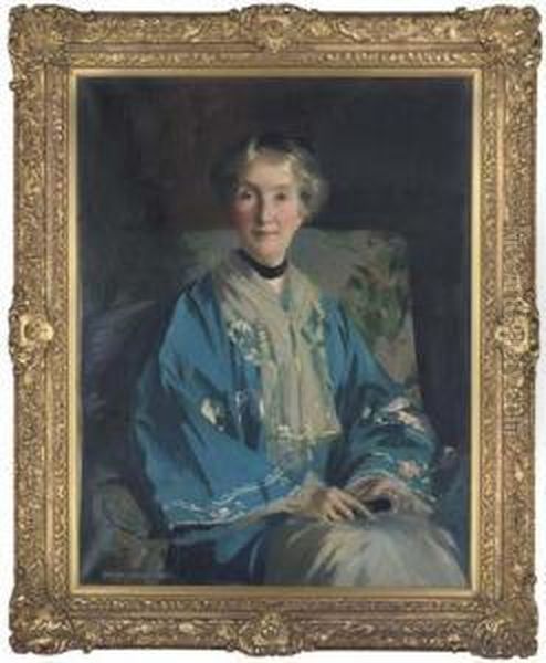 Portrait Of Mrs Agnes Innes, Nee
 Barlow, Seatedthree-quarter-length, In A Blue Embroidered Kimono, 
Holding Afan Oil Painting by George Henry