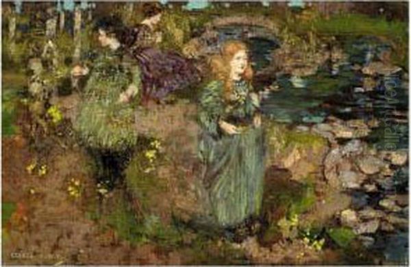 Girls Gathering Cowslips Oil Painting by George Henry