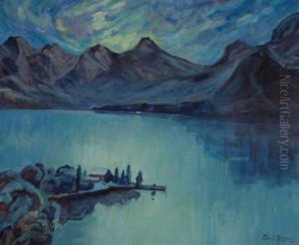 Moonlit Mountain Lake Scene Oil Painting by Grace Henry