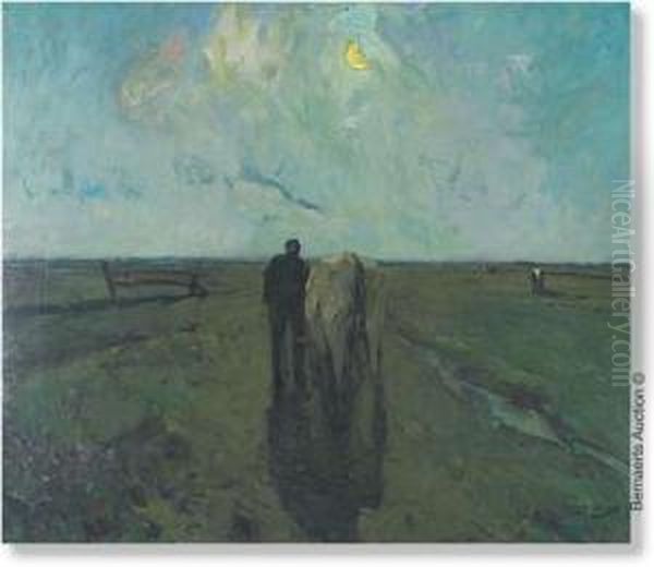 Farmer Withcow On The Country Road At Moonlight. Oil Painting by Frans Hens