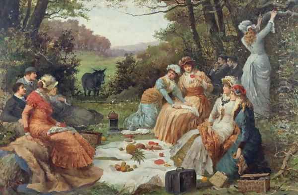 A Picnic Oil Painting by V. Chavigny