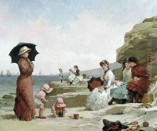 Seascape, Figures on a Beach, c.1870 Oil Painting by V. Chavigny