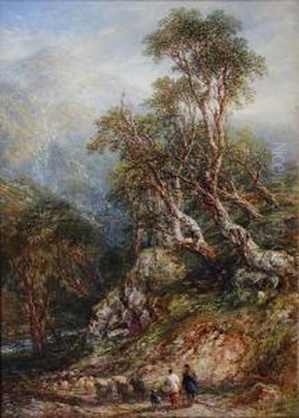 Drover, Traveller And Flock On A Mountain Path Oil Painting by Frederick Henry Henshaw