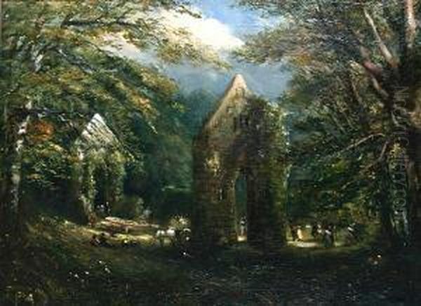 Figures Amongst The Ruins, Thought To Be Bolton Abbey Oil Painting by Frederick Henry Henshaw