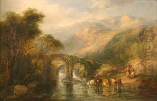 Mountainous Landscape With Cattle Watering By Figures Resting Near Bridges Oil Painting by Frederick Henry Henshaw