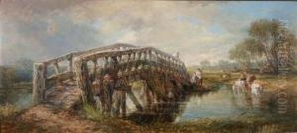 A Figure Resting On A Bridge With Cattle Watering Inthe Background Oil Painting by Frederick Henry Henshaw