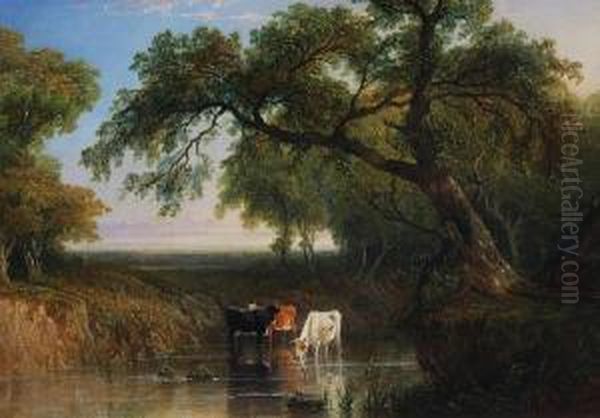 Cattle Watering At A Pool Oil Painting by Frederick Henry Henshaw