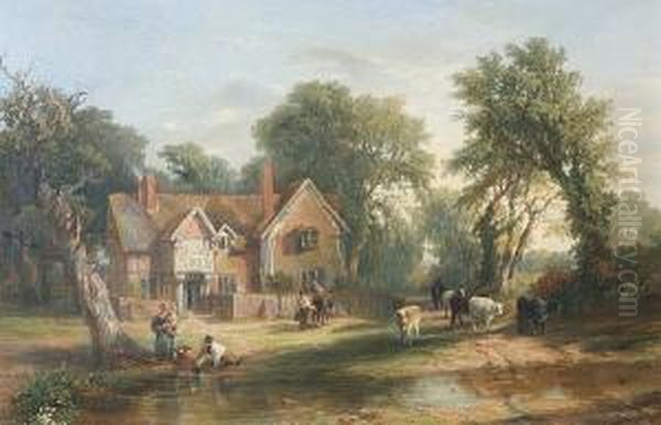 Packington, Warwickshire, 
Figures And Cattle Before A Red Brick House, A Stream To The Fore Oil Painting by Frederick Henry Henshaw