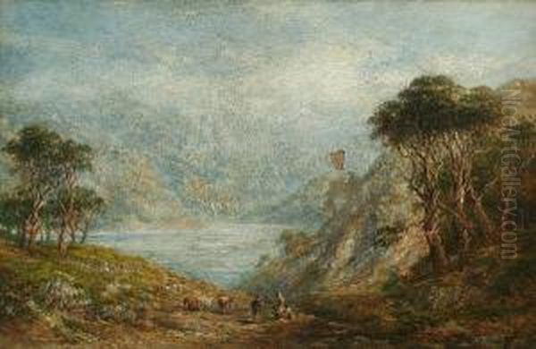 Scottish Loch Scene With Figures And Cattle Oil Painting by Frederick Henry Henshaw