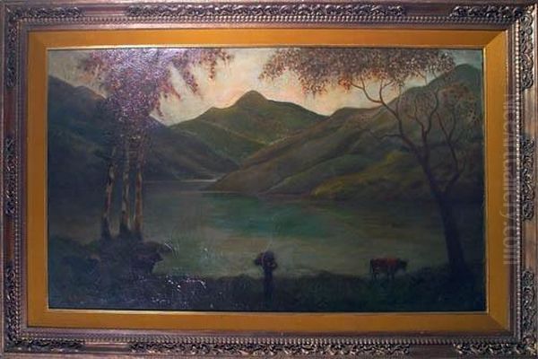 Paesaggio Lacustre Con Contadina Ed Armenti Oil Painting by Frederick Henry Henshaw