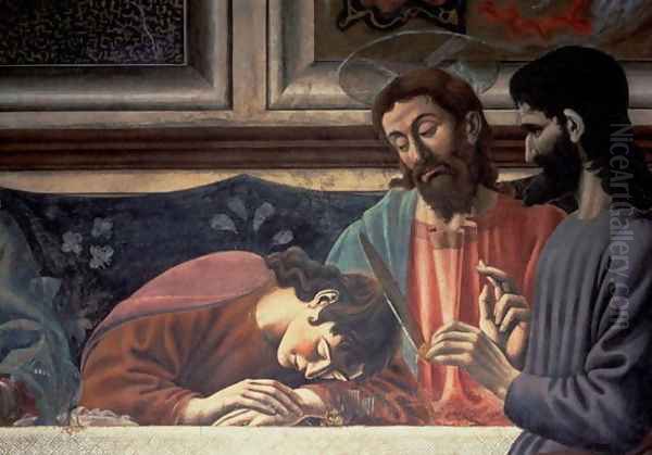 The Last Supper (detail of Judas, Christ and St. John) 1447 Oil Painting by Andrea Del Castagno