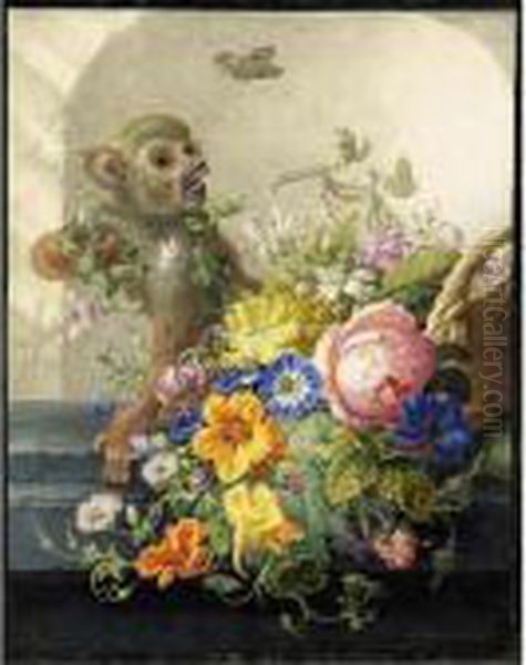 Still Life With A Monkey And A Basket Of Flowers On A Stone Ledge Oil Painting by Herman Henstenburgh