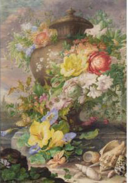 An Urn, Garlanded With Flowers, On A Terrace, With Shells In The Foreground Oil Painting by Herman Henstenburgh