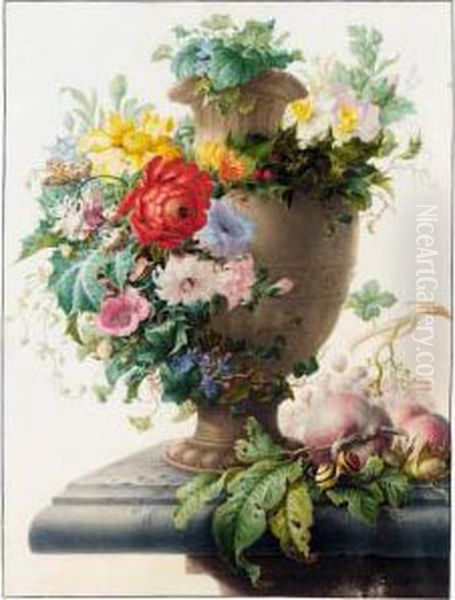 An Urn Garlanded With Flowers, 
And Peaches, Grapes, Hazelnuts And Various Insects And Snails On A Stone
 Ledge Oil Painting by Herman Henstenburgh