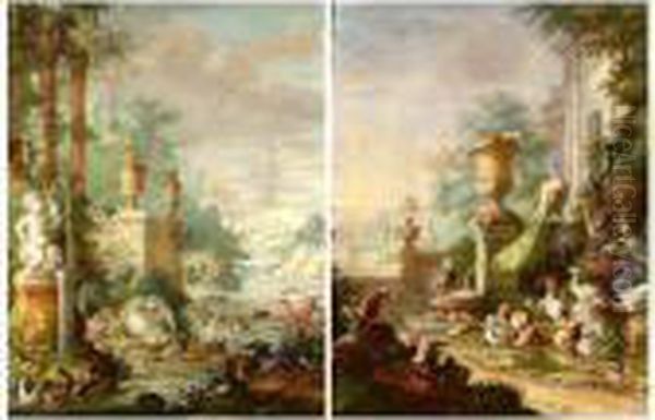 A Pair Of Scenes With Exotic Birds In Grand Parks Oil Painting by Herman Henstenburgh