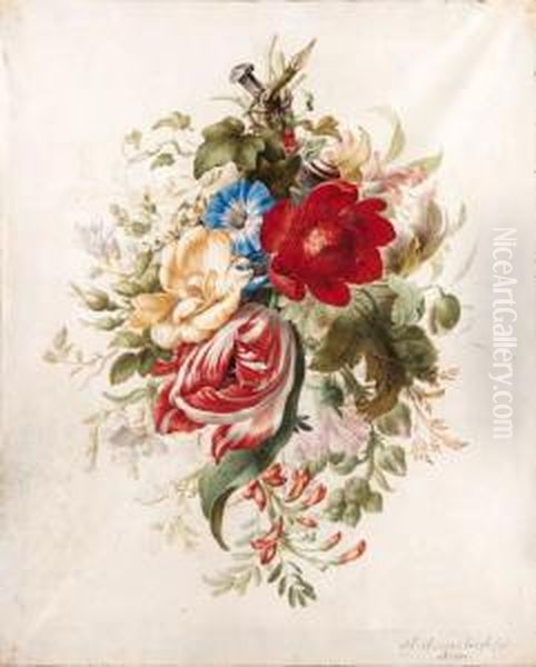 A Spray Of Flowers, Including A 
Tulip, Roses, Poppies, Morningglory, A Hollyhock And Ivy Attached To A 
Nail, With A Snail Andants Oil Painting by Herman Henstenburgh