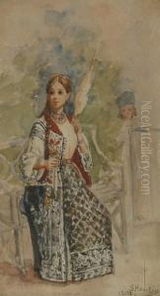 Scena De Gen Cu Fata In Costum Popular Torcand. Oil Painting by Sava Hentia