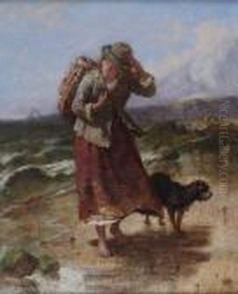 Girl And Dog On The Stormy Seashore Oil Painting by Isaac Henzell