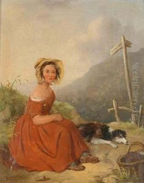 Children Fishing; And A Girl With A Dog At A Signpost Oil Painting by Isaac Henzell