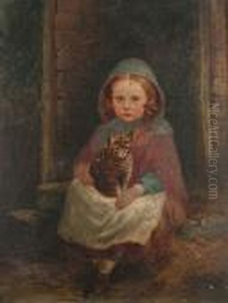 Portrait Of A Young Girl With A Tabby Cat Oil Painting by George Hepper