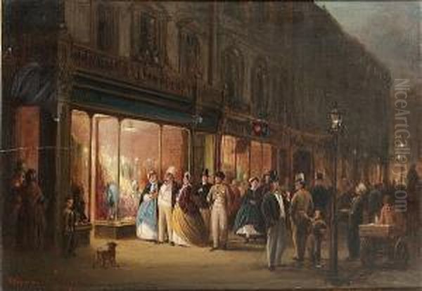 Street Scene With Figures Outside A Milliners Oil Painting by George Hepper