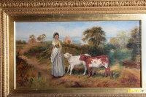 A Farm Girl And Two Calves On A Path Overlooking The Yorkshirecoast Oil Painting by Wilson Hepple