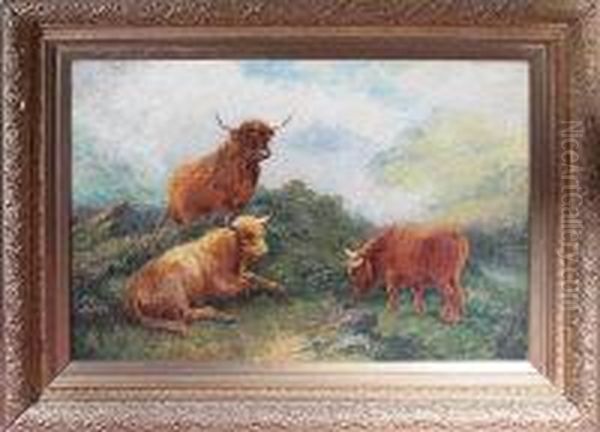 Highland Cattle On A Misty Hillside Oil Painting by Wilson Hepple