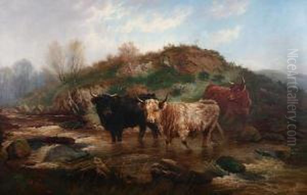 Highland Cattle At A Stream Oil Painting by Wilson Hepple