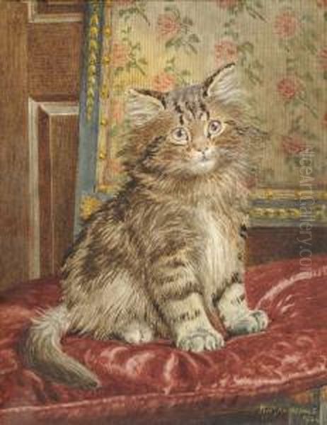 Kitten Seated Upon A Red Velvet Cushion Oil Painting by Wilson Hepple