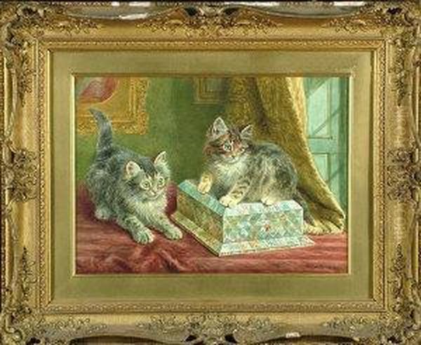 Two Kittens Playing With A Mother-of-pearl Jewellery-box Oil Painting by Wilson Hepple