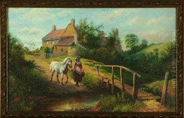 A Farm Girl Leading A Pony Across A River Ford Oil Painting by Wilson Hepple