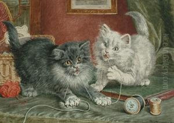 Mischievous Kittens Playing With Wool. Oil Painting by Wilson Hepple