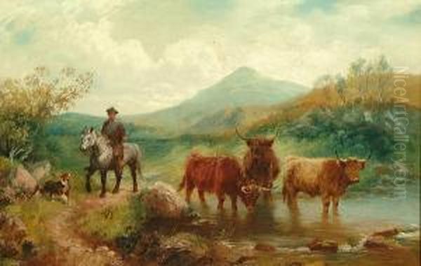 Highland Cattle In A Mountainous
 Landscape; A Mounted Traveller And His Dog Passing Through Highlands Oil Painting by Wilson Hepple