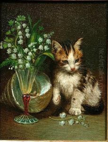 Kitten By A Vase Of Snowdrops Oil Painting by Wilson Hepple