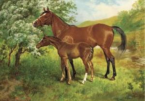 A Mare And Foal In An Orchard Oil Painting by Wilson Hepple