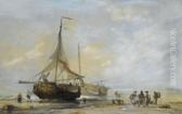 Fisherfolk On A Dutch Beach Oil Painting by Alfred Herbert