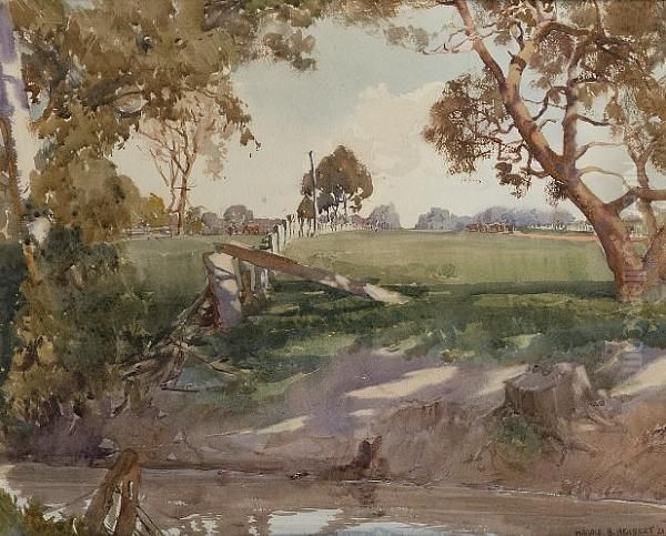 A View Of A Ranch Across A Stream Oil Painting by Harold Brocklebank Herbert