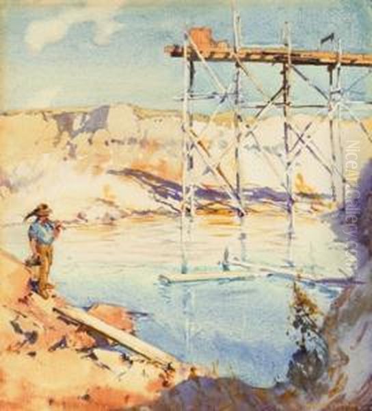 The Old Sluicing Works, Buninyong, Near Ballarat Oil Painting by Harold Brocklebank Herbert