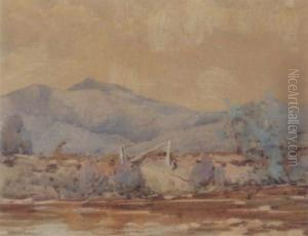 River With Mountains Beyond Oil Painting by Harold Brocklebank Herbert