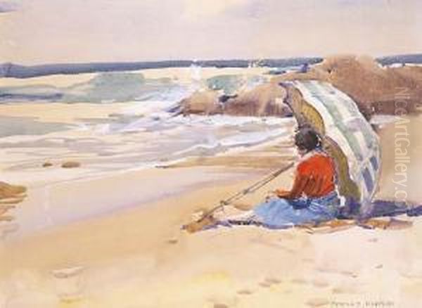 The Beach Umbrella Oil Painting by Harold Brocklebank Herbert