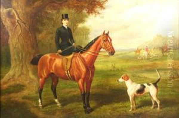 A Huntswoman Sittingsidesaddle By A Hound, The Hunt In The Distance Oil Painting by Edward Benjamin Herberte