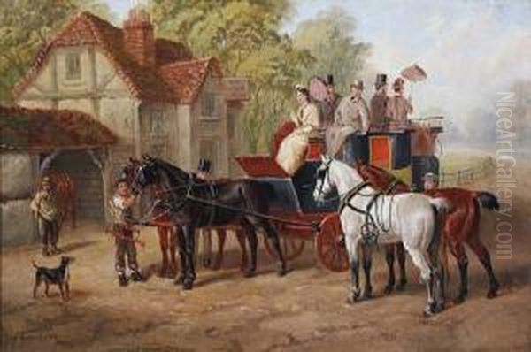 Changing Horses On A Passenger Coach Oil Painting by Edward Benjamin Herberte