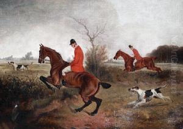 Huntsmen And Hounds Taking A Ditch Oil Painting by Edward Benjamin Herberte