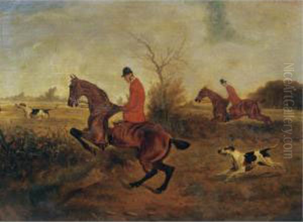 Hunstmen And Hounds Taking A Ditch Oil Painting by Edward Benjamin Herberte